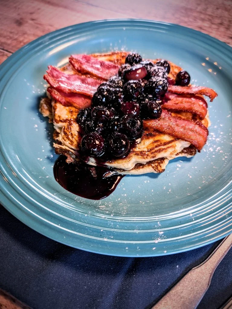 Bacon Buttermilk Pancakes with Sriracha Caramel