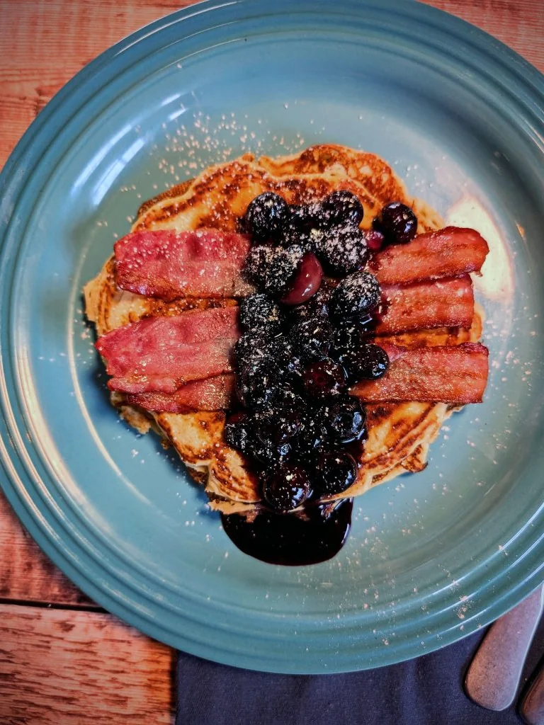 Bacon Buttermilk Pancakes with Sriracha Caramel