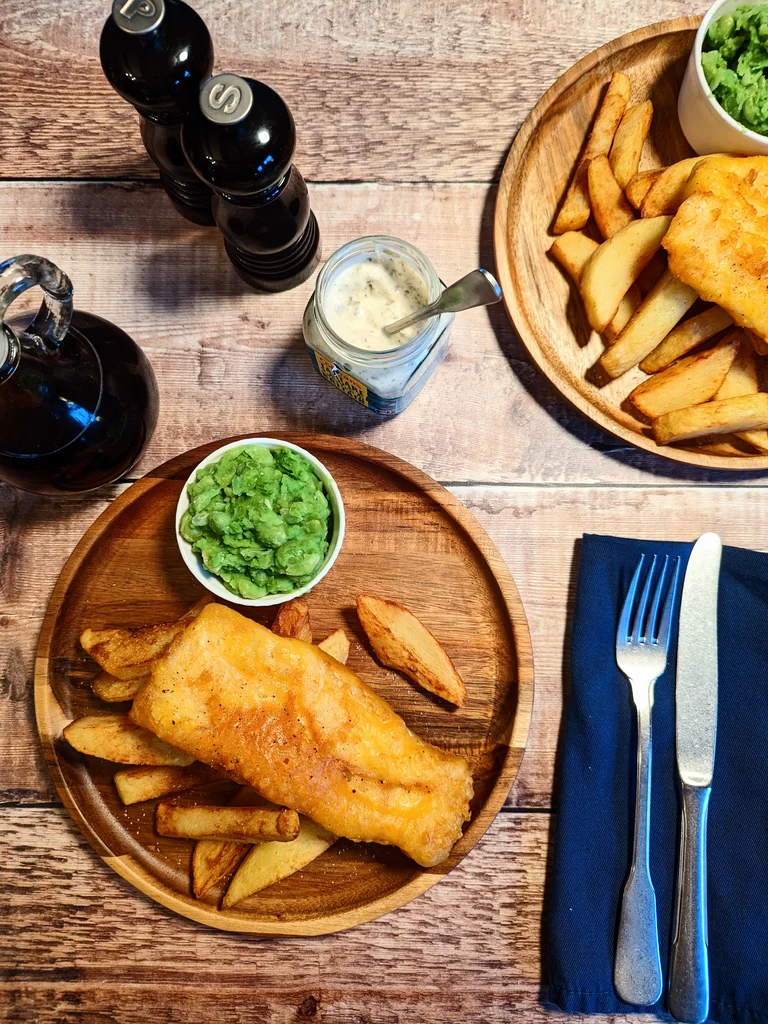 Beer Battered Fish and Chips with Mushy Peas recipe image