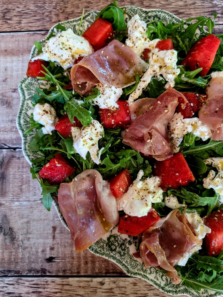 Charred Watermelon, Burrata and Parma Ham Salad recipe image