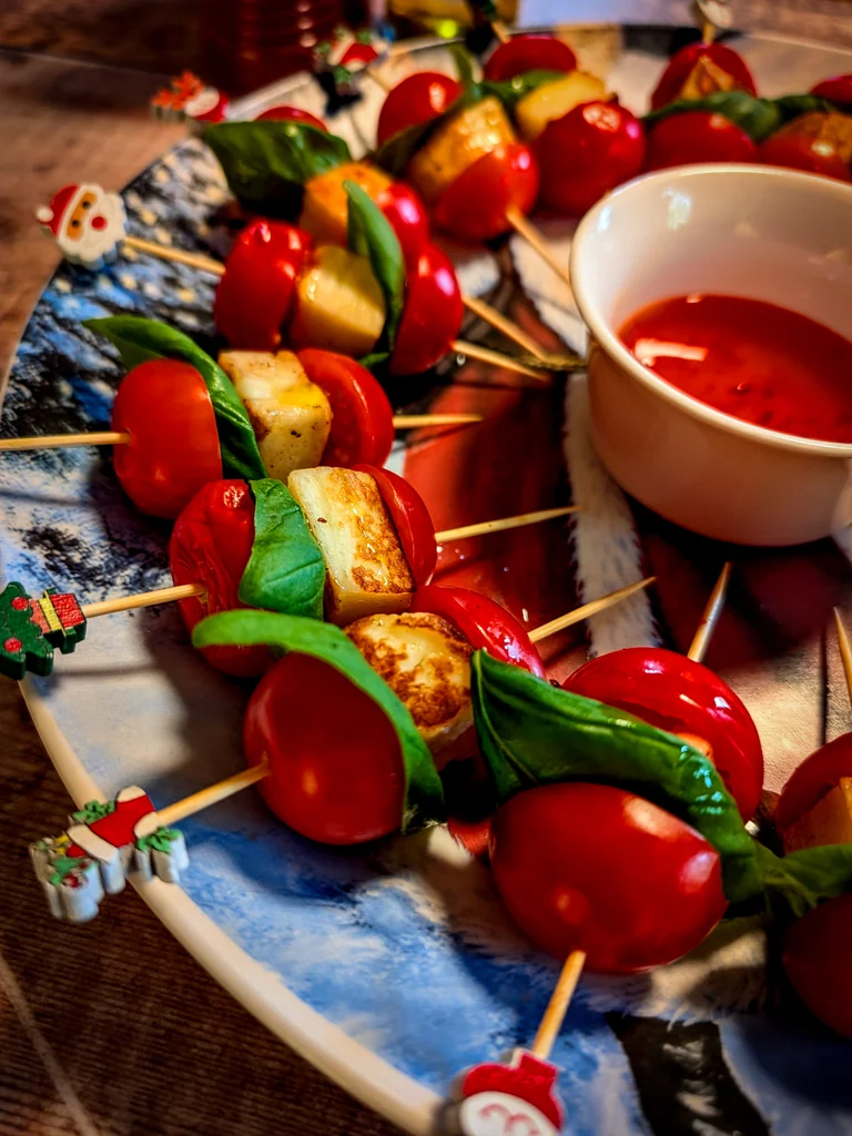 Golden Halloumi and Tomato Christmas Skewers