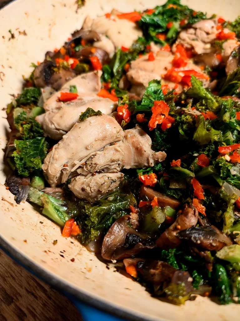 One-Pan Chicken with Mushrooms and Kale recipe image