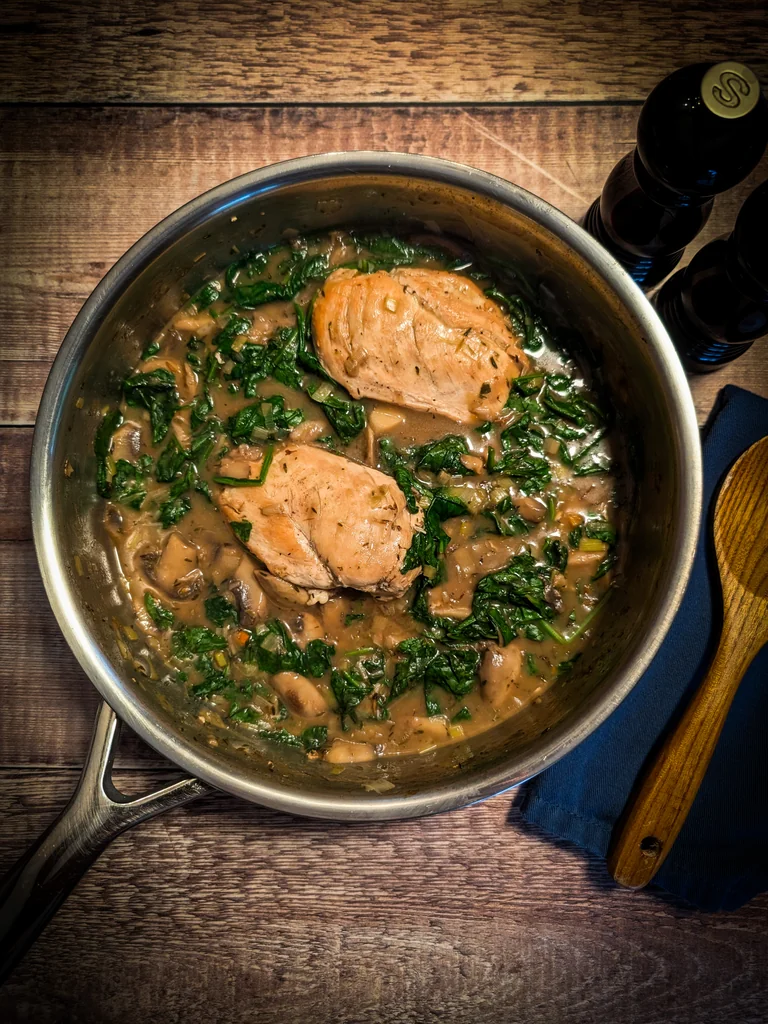 Pan-Seared Chicken with Thyme, Mushrooms and Spinach