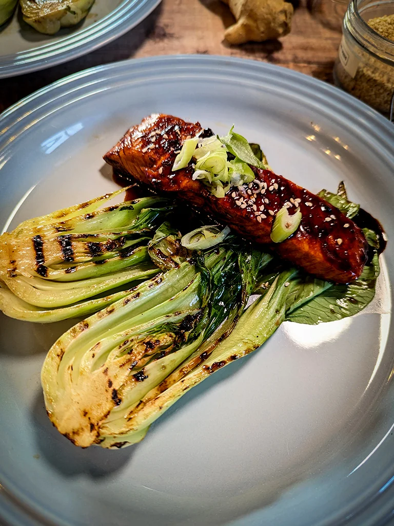 Shaoxing Glazed Salmon with Charred Pak Choi
